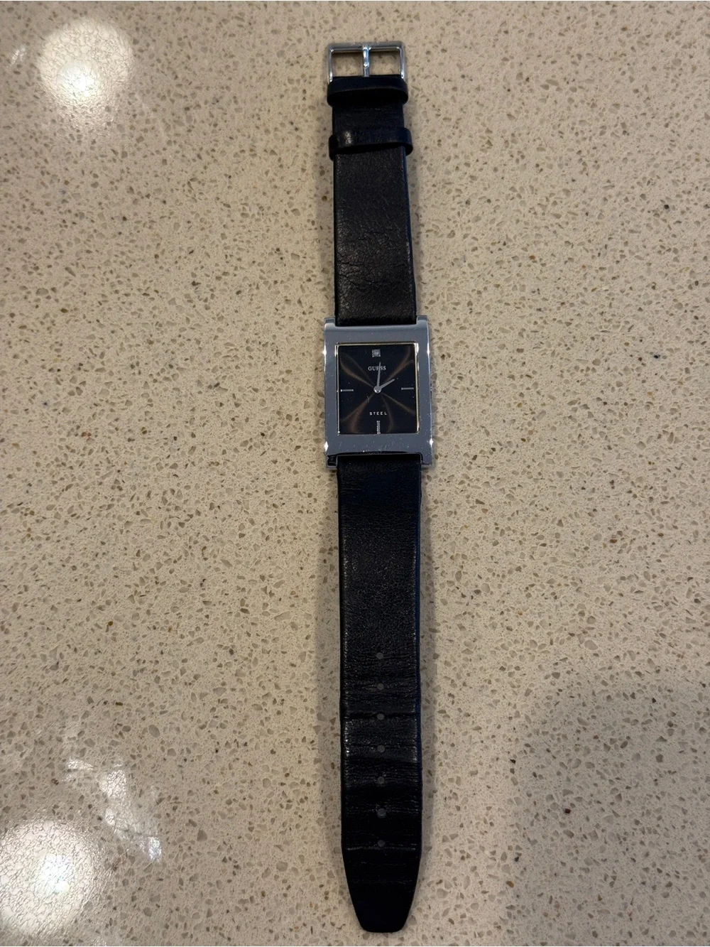 GUESS Black Leather Strap Men’s Watch with Silver Case